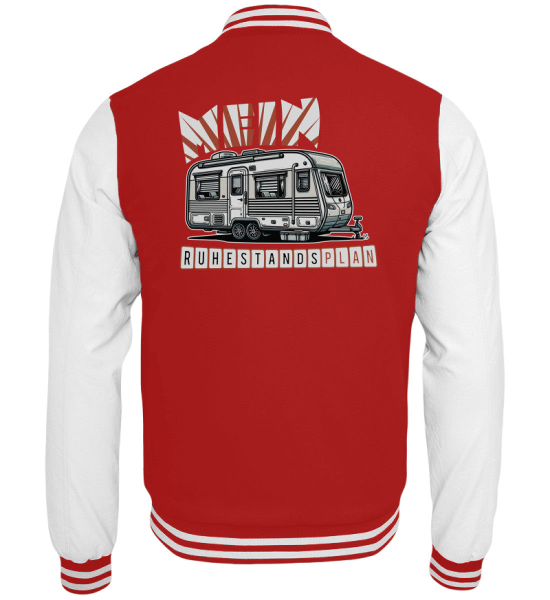 Rote Collegejacke mit Spruch Mein Ruhestandsplan und stilisierter Campergrafik