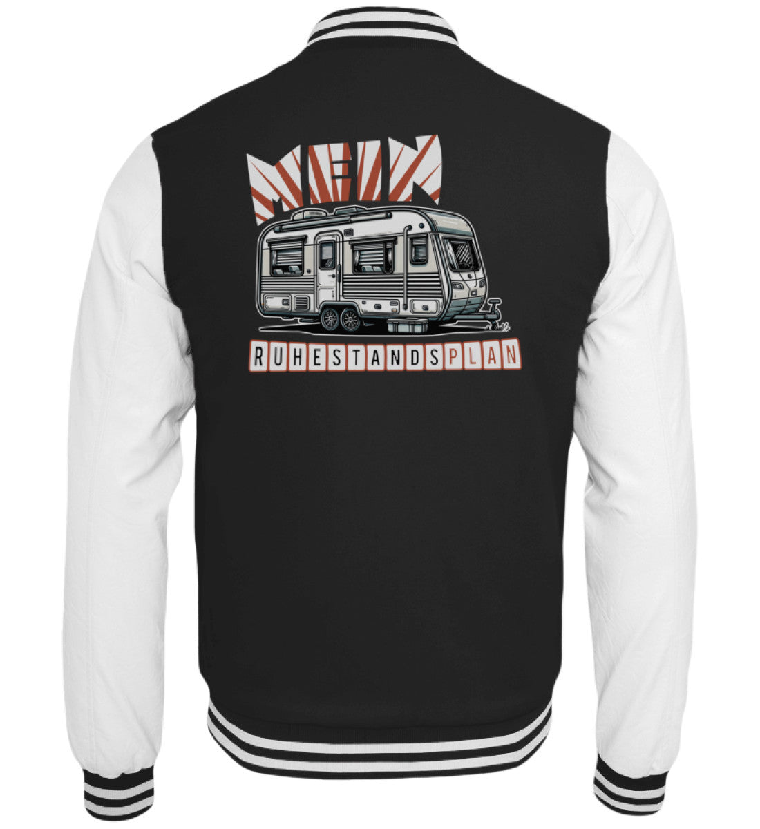 Schwarze Collegejacke mit Camping-Motiv Mein Ruhestandsplan Dauerwohnmobil