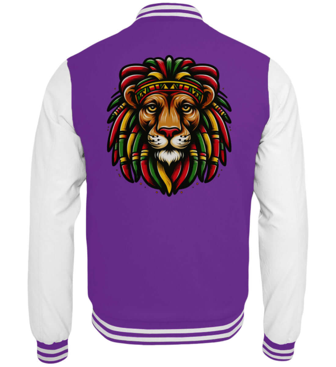 Lila Collegejacke mit bunter Löwenstickerei im Reggae-Stil auf dem Rücken