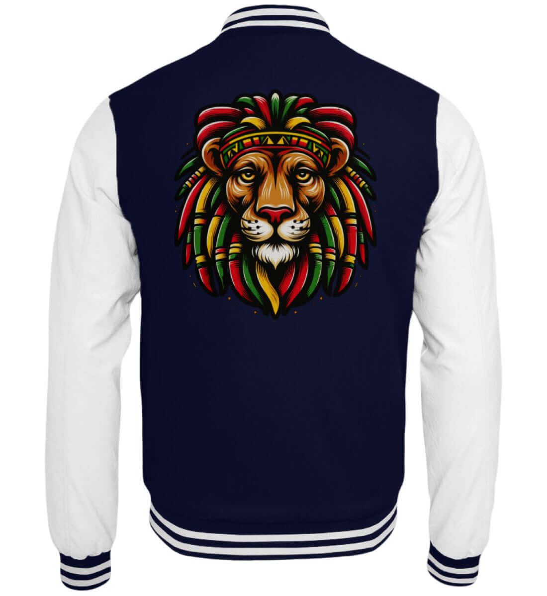 Navyblaue Collegejacke mit auffälligem Rastafari-Löwenmotiv