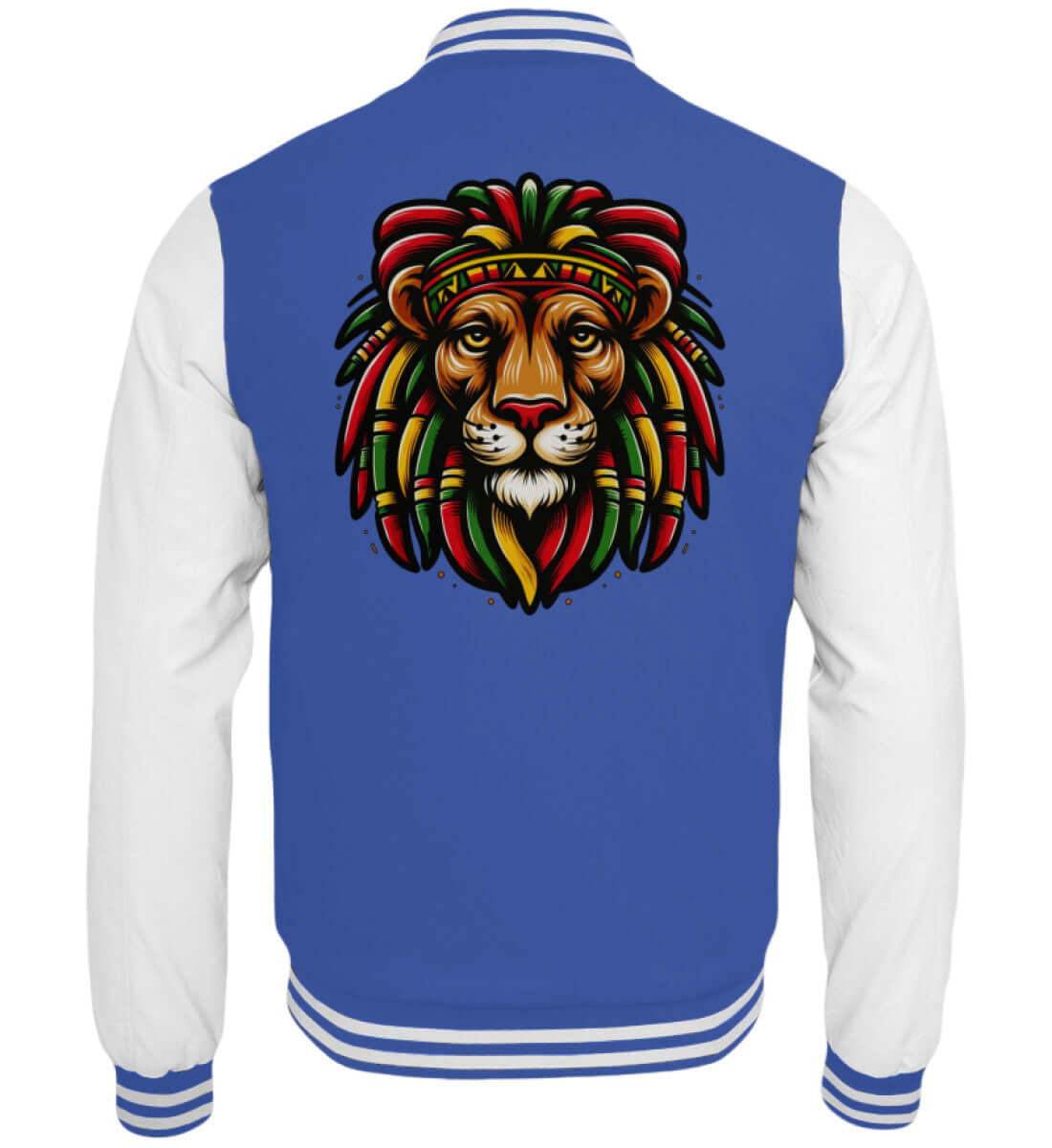 Royalblaue Collegejacke mit bunter Löwenstickerei im Reggae-Look