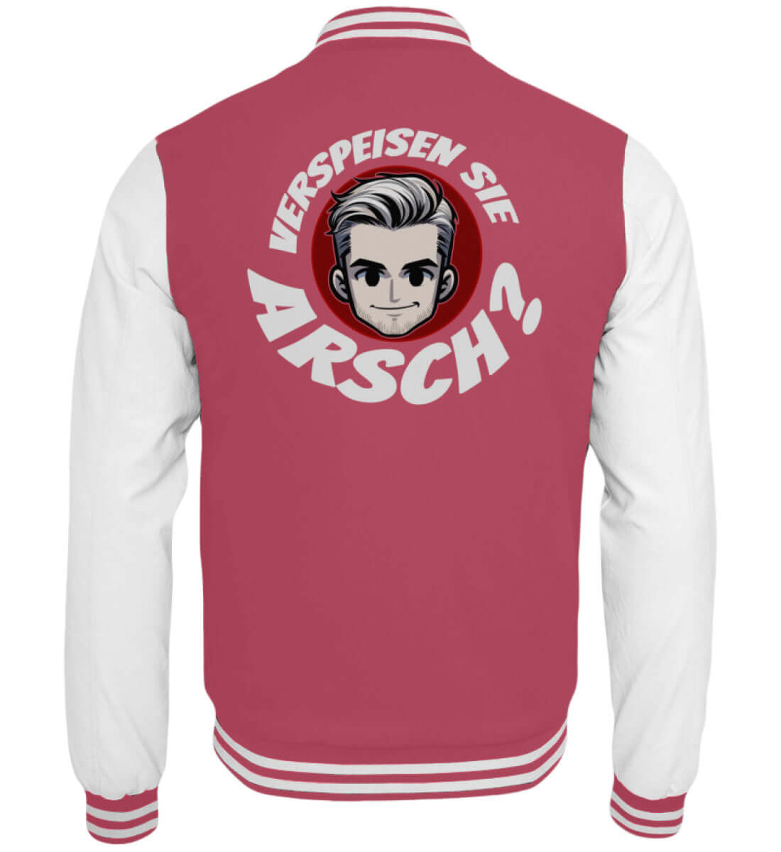 Altrosa Collegejacke mit kontrastreichem Humor-Motiv und Cartoon-Gesicht