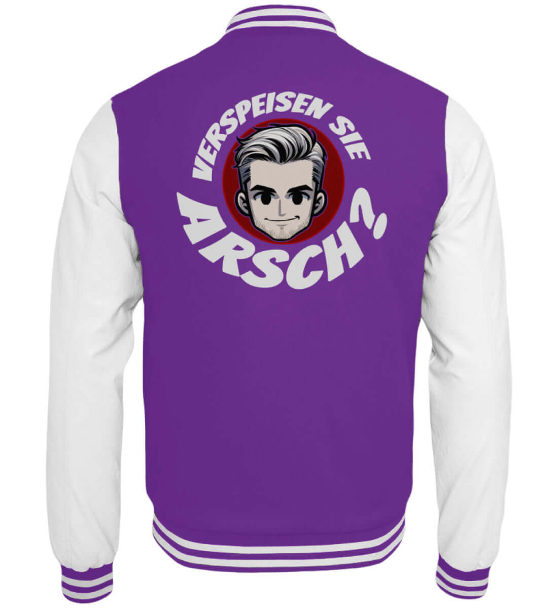 Lila Collegejacke mit provokantem Comic-Design und Arsch-Spruch