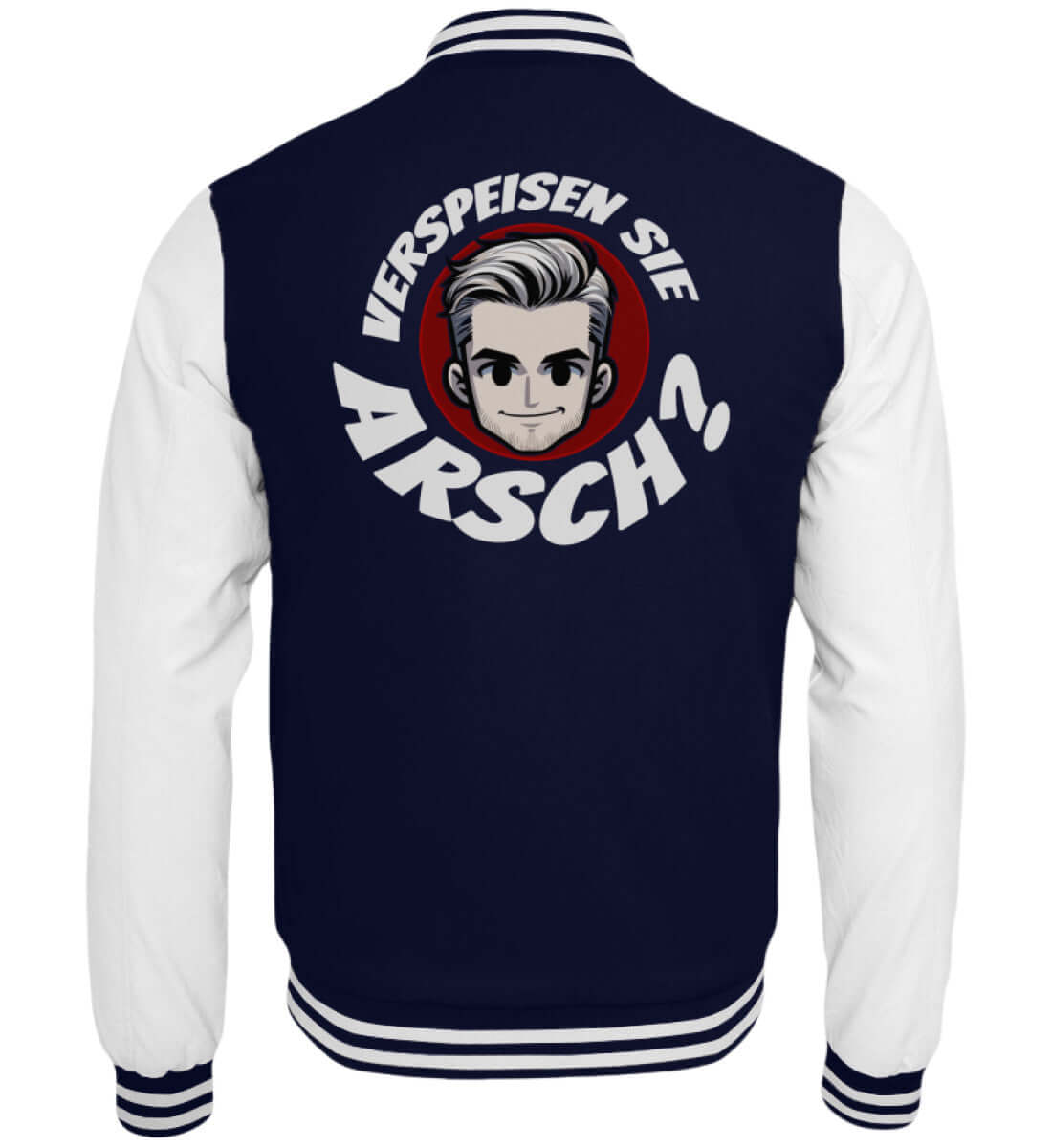 Schwarze Collegejacke mit frechem Spruch und witzigem Charakter auf dem Rücken