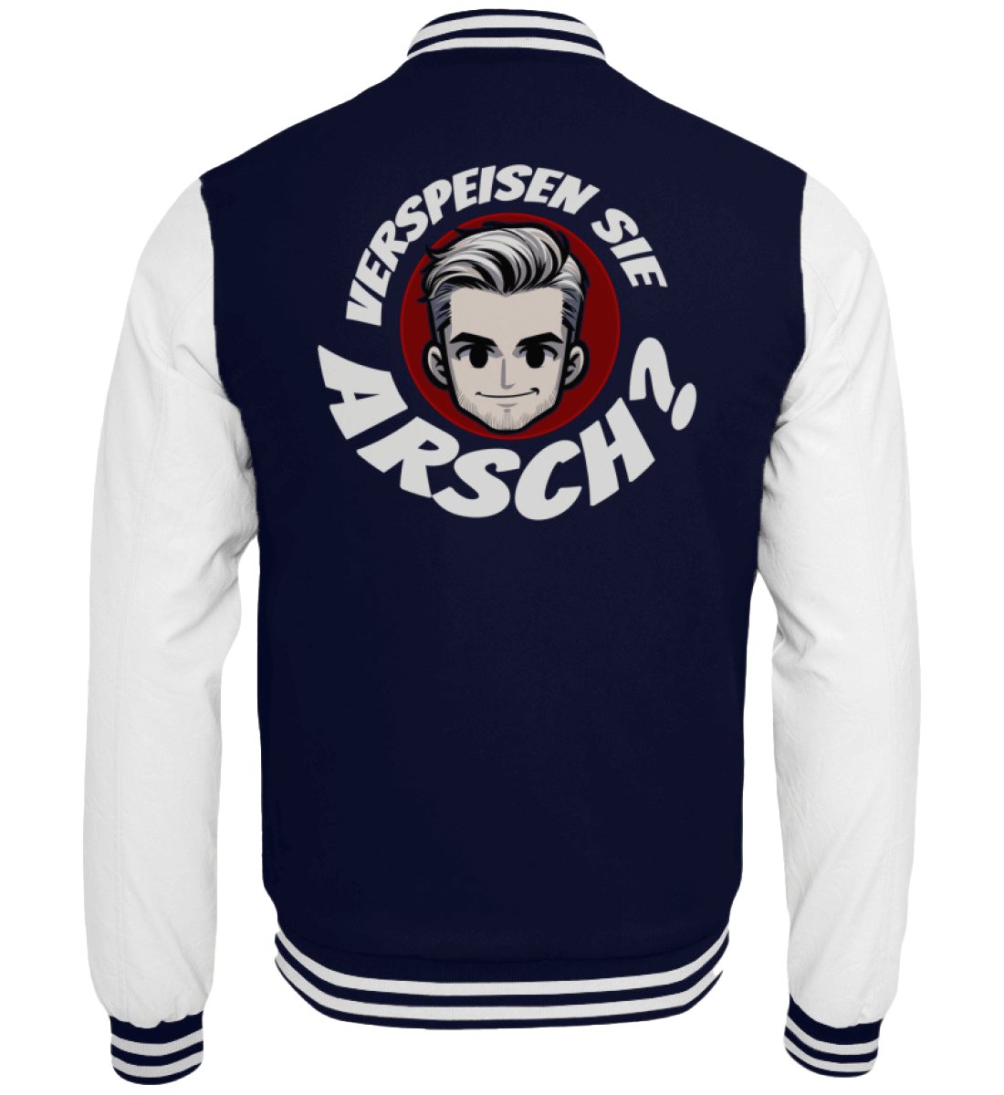 Navy-weiße Collegejacke mit Cartoon-Kopf und Aufdruck Verspeisen Sie Arsch