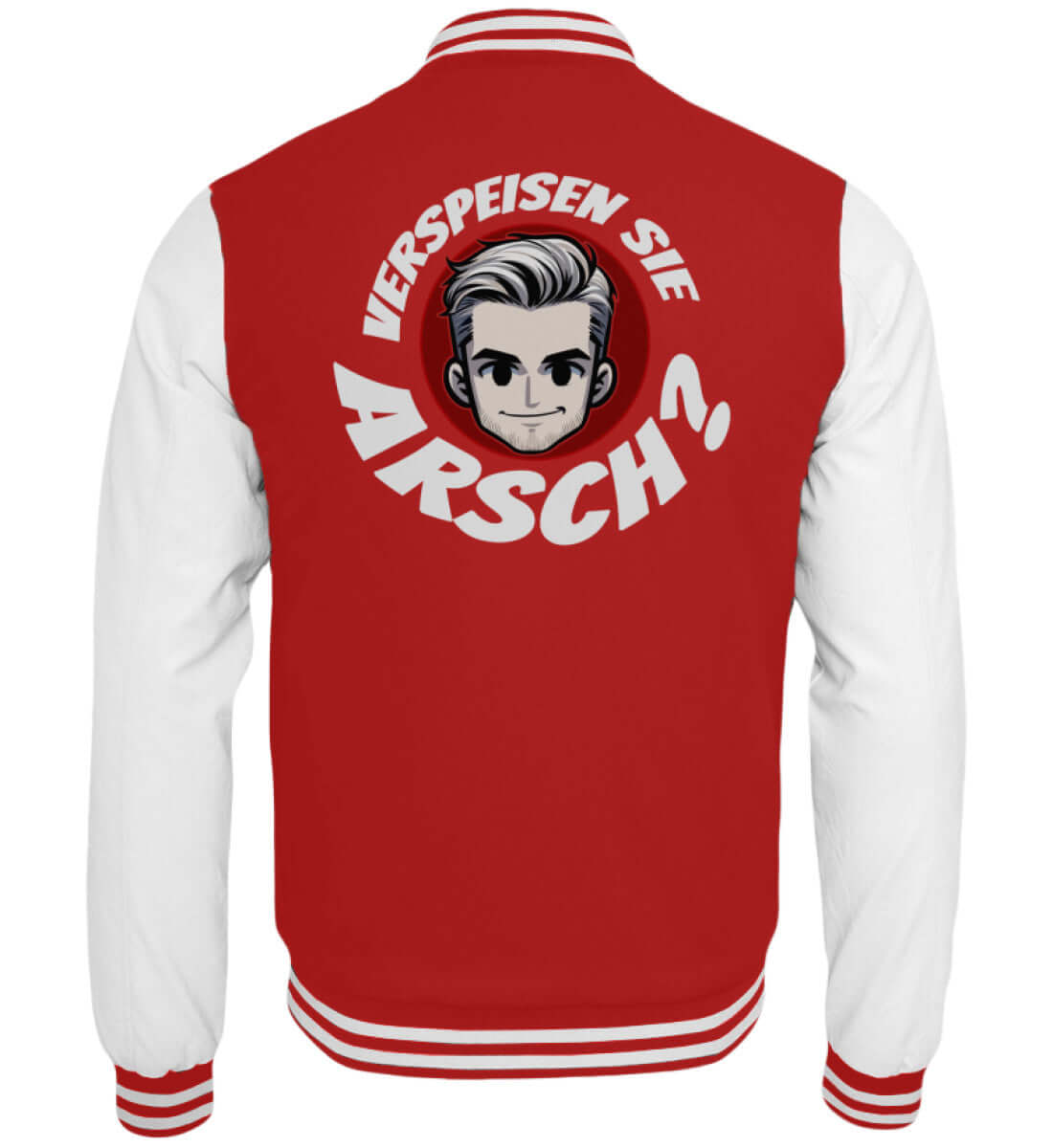 Rote Collegejacke mit auffälligem Aufdruck Verspeisen Sie Arsch in Weiß