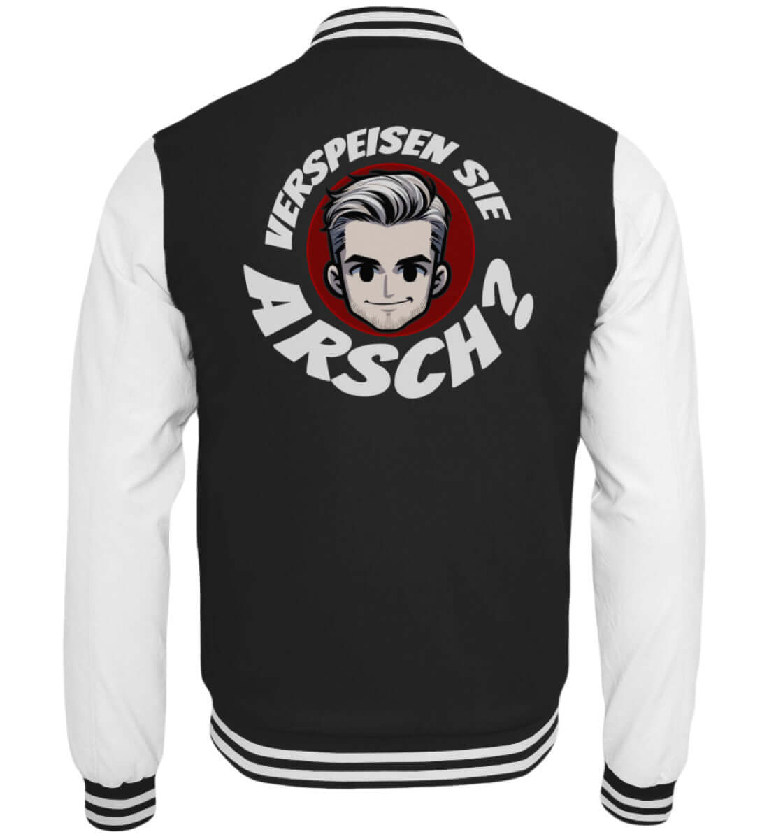 Schwarze Collegejacke mit frechem Spruch und witzigem Charakter auf dem Rücken