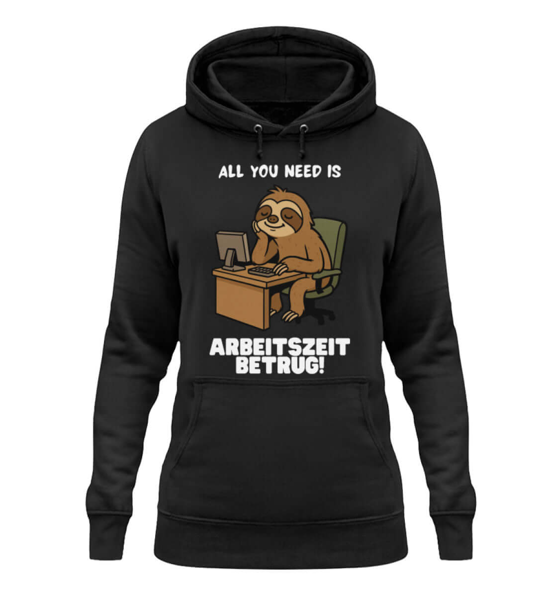 Schwarzer Damen Hoodie mit Büro-Faultier und satirischem Arbeitszeitbetrug-Spruch