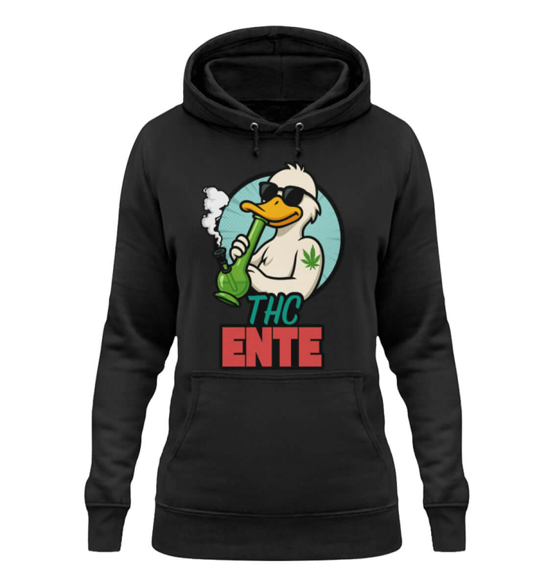 Schwarzer Damen Hoodie mit THC Ente und Joint im Cartoonstil
