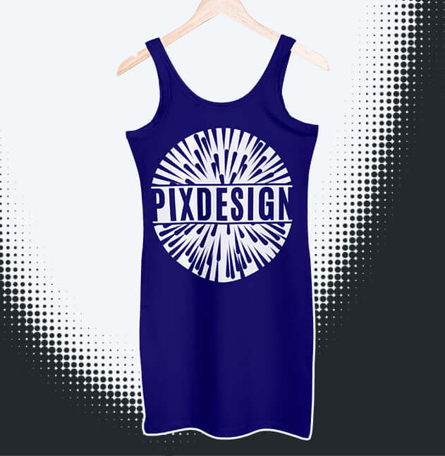 Lila ärmelloses Kleid mit Pixdesign-Logo auf einem stilvollen Hintergrund für modebewusste Käufer.