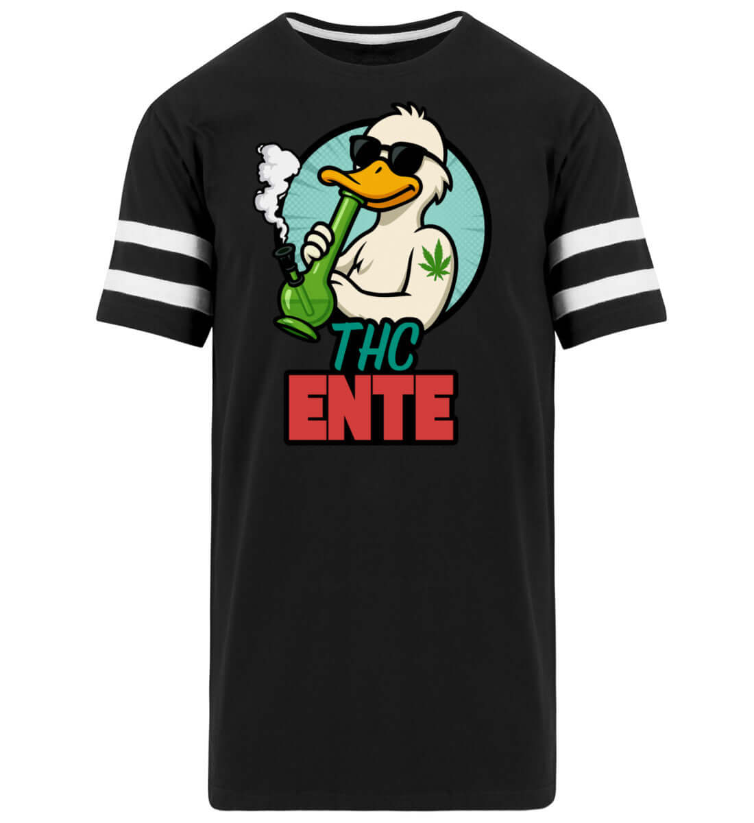 Schwarzes Football-T-Shirt mit THC Ente Motiv und weißen Streifenärmeln