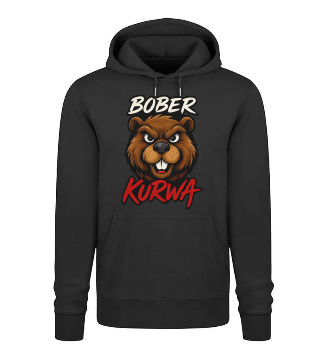 Schwarzer Herren Hoodie mit grimmigem Biber und dem Spruch Bober Kurwa