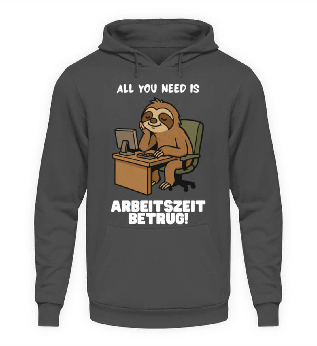 Anthrazitfarbener Hoodie mit frechem Faultier-Motiv fürs Büro