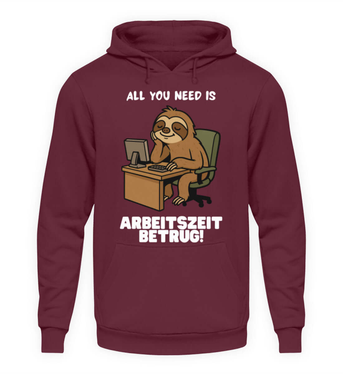 Bordeauxroter Hoodie mit faulenzendem Faultier und Arbeitszeit-Statement