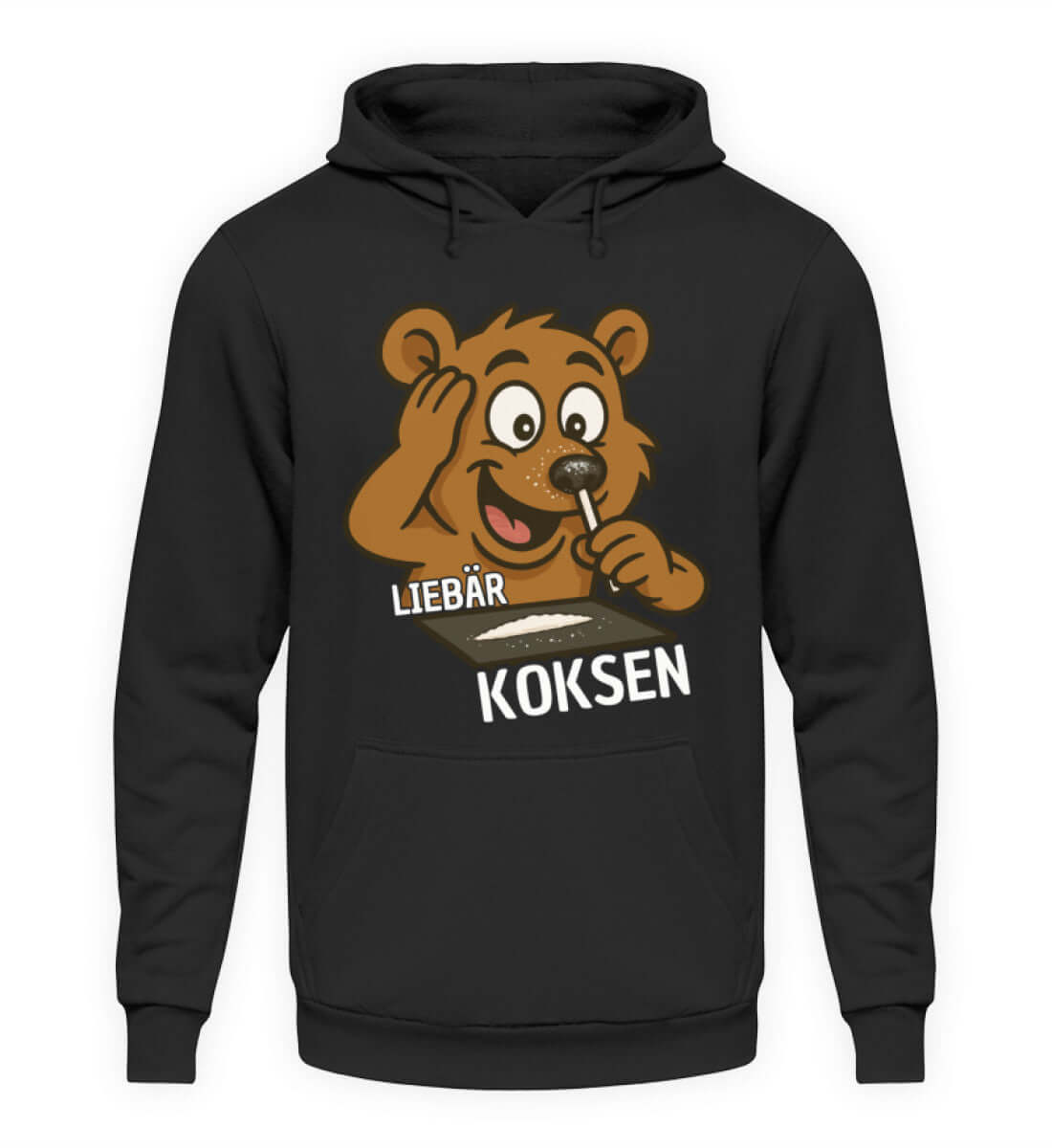 Schwarzer Herren Hoody mit frechem Partybär-Motiv und dem Schriftzug 'LIEBÄR KOKSEN' für kreative Partyoutfits.