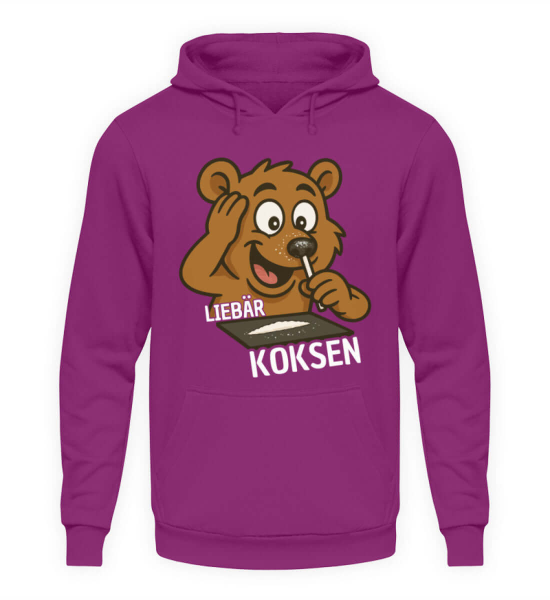 LIEBÄR KOKSEN Hoodie für Herren in lila mit frechem Bär-Motiv – stylisch für Party und Freizeit.
