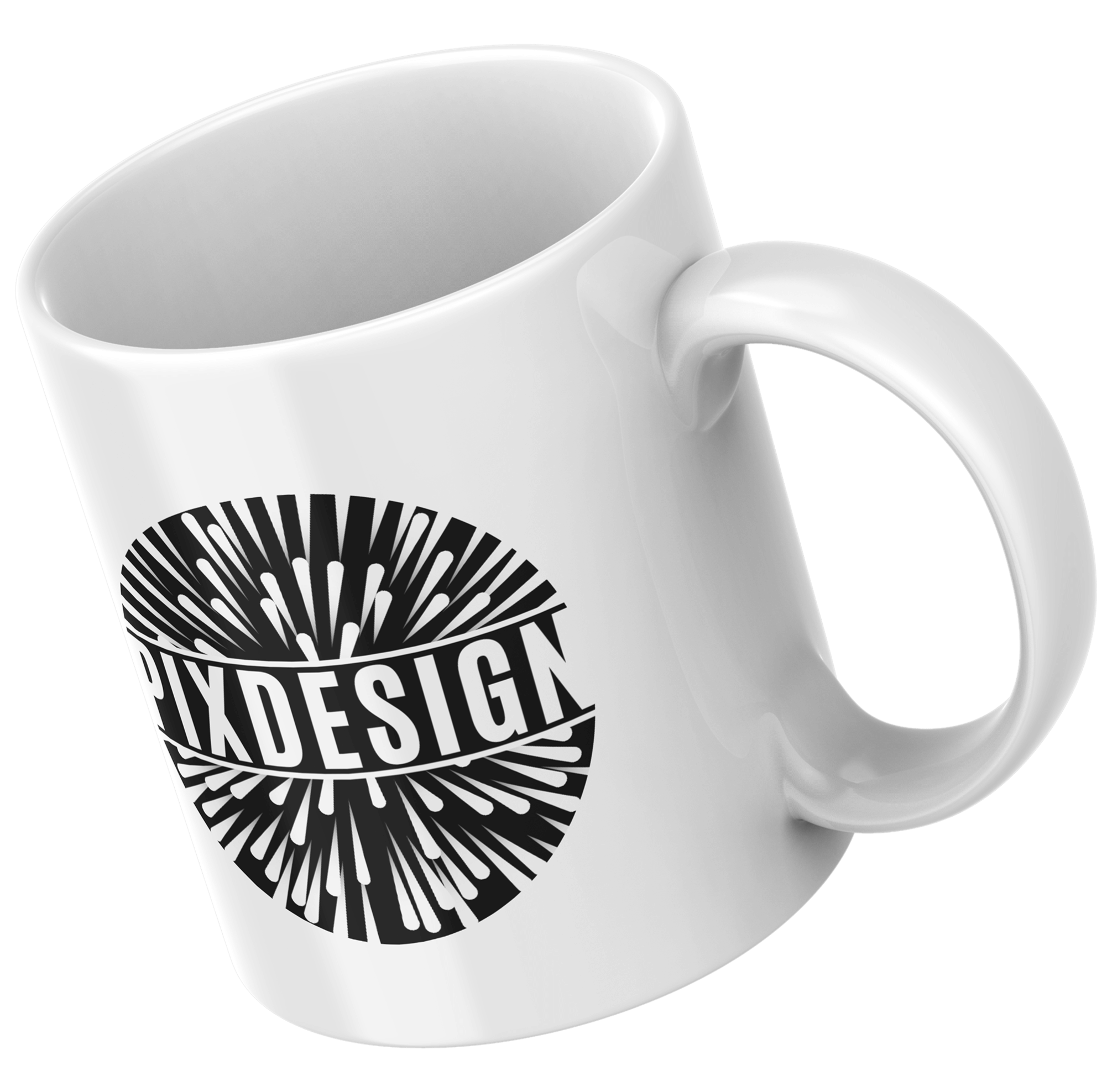 Weißer Kaffeebecher mit schwarzem Pixdesign-Logo, ideal für kreative Designs und Merchandising.
