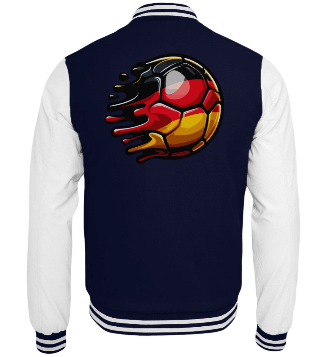 Navy-weiße Collegejacke mit flammendem Deutschland-Ball auf dem Rücken