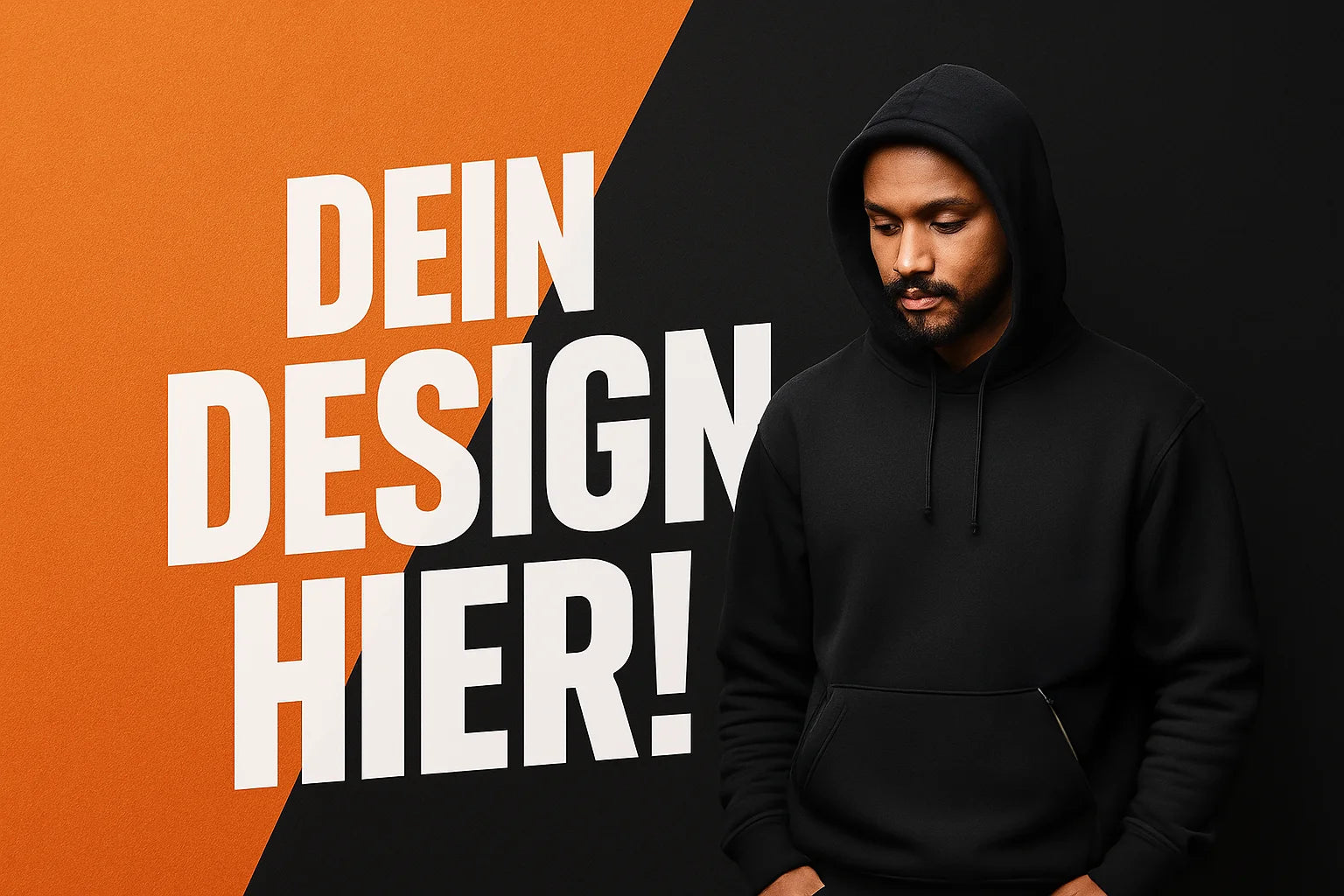 Mockup mit orange-schwarzem Hintergrund und großem weißen Text Dein Design hier in Großbuchstaben – Vorlage für personalisierte Produkte.