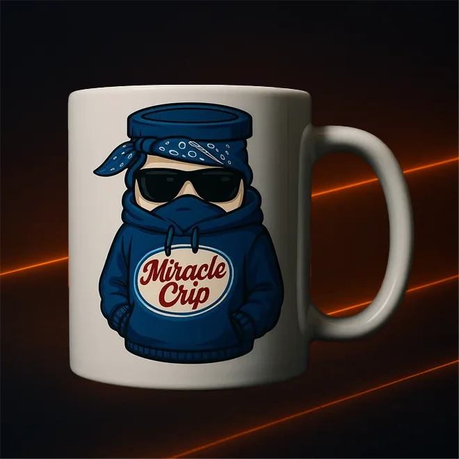 Weiße Tasse mit Cartoon-Motiv: vermummter Charakter mit Hoodie und Sonnenbrille, Miracle Crip Schriftzug, vor dunklem Hintergrund mit orangen Lichtlinien.