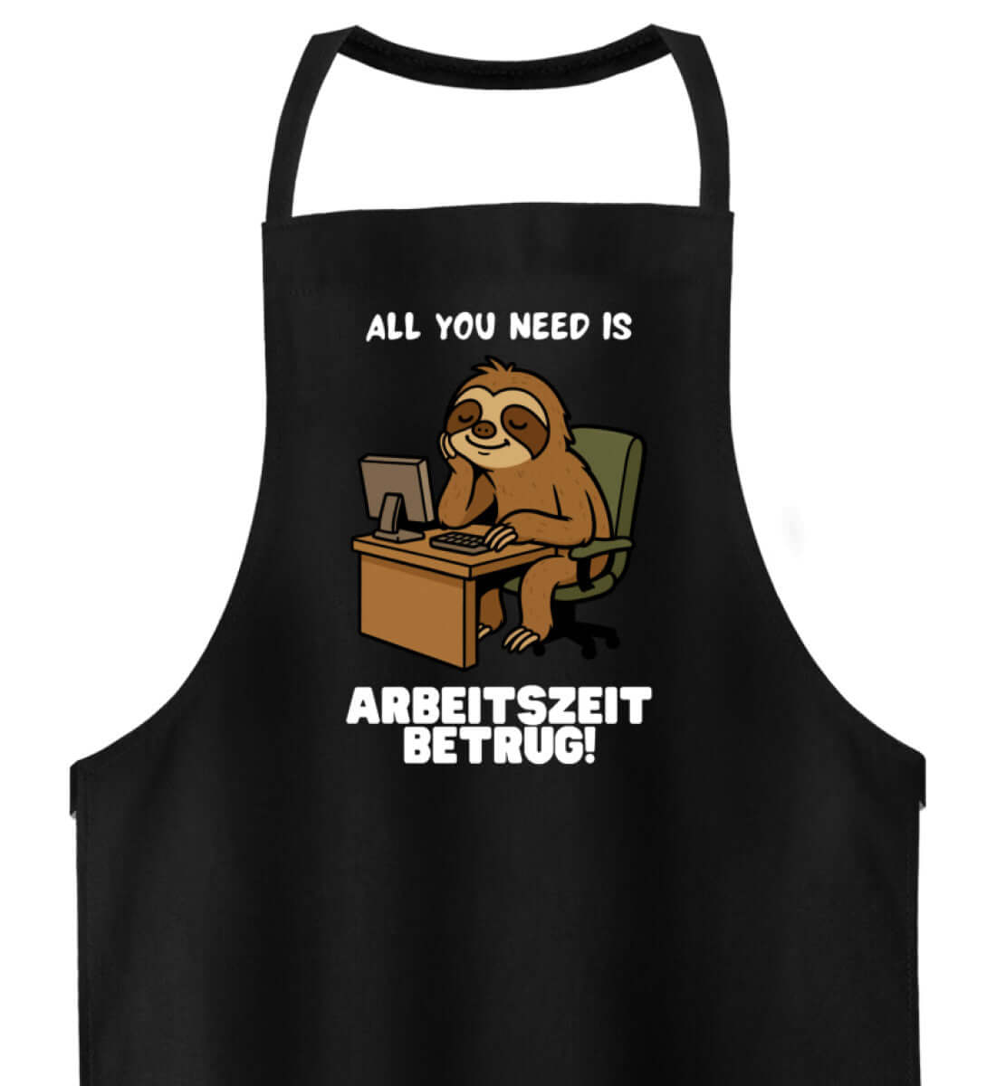 Schwarze Kochschürze mit lustigem Faultier-Motiv und Arbeitszeitbetrug-Spruch