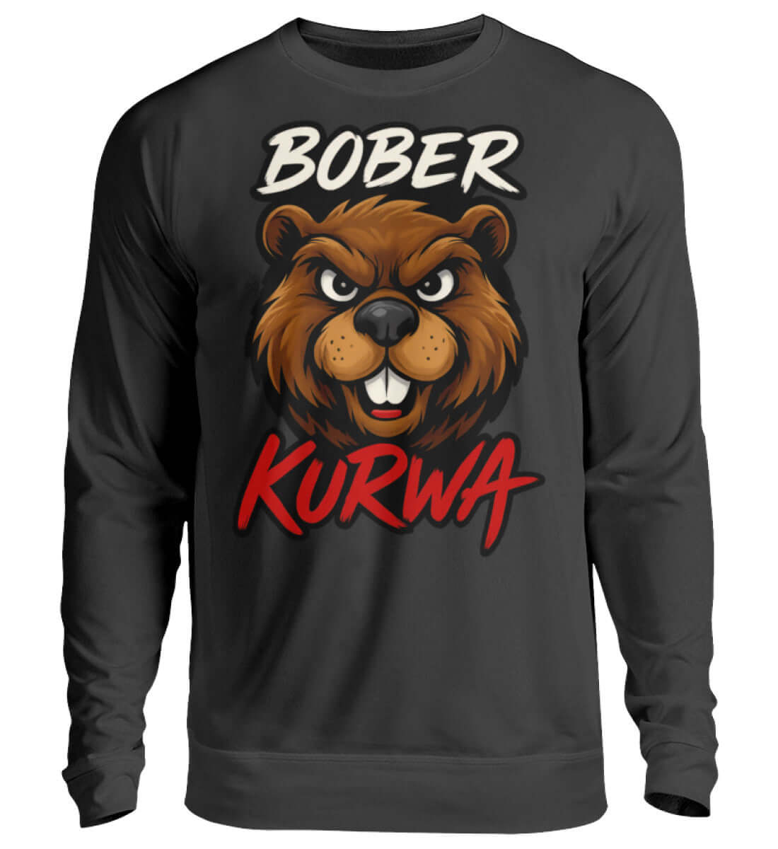 Anthrazitfarbenes Sweatshirt mit grimmigem Biber und Bober Kurwa Aufdruck