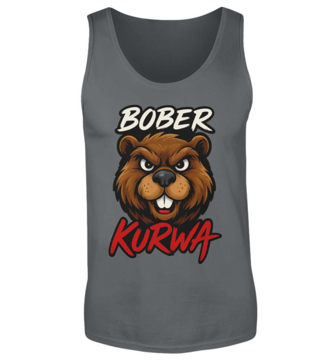 Graues Tanktop mit grimmigem Biber und Bober Kurwa Aufdruck für den Sommer
