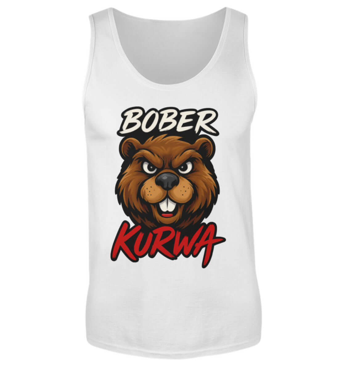 Weißes ärmelloses Shirt mit auffälligem Biber Motiv und roter Kurwa Schrift