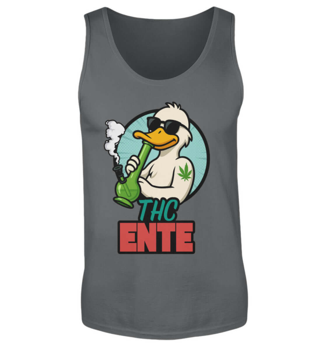 Graues Tanktop mit bekiffter THC Comic-Ente und Bong
