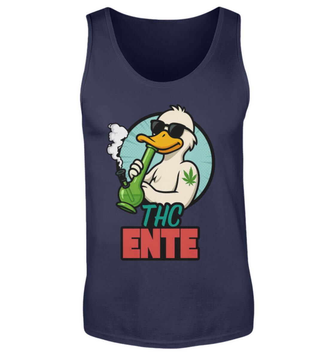 Dunkelblaues Muskelshirt mit lustiger Ente und grün-rotem THC Schriftzug