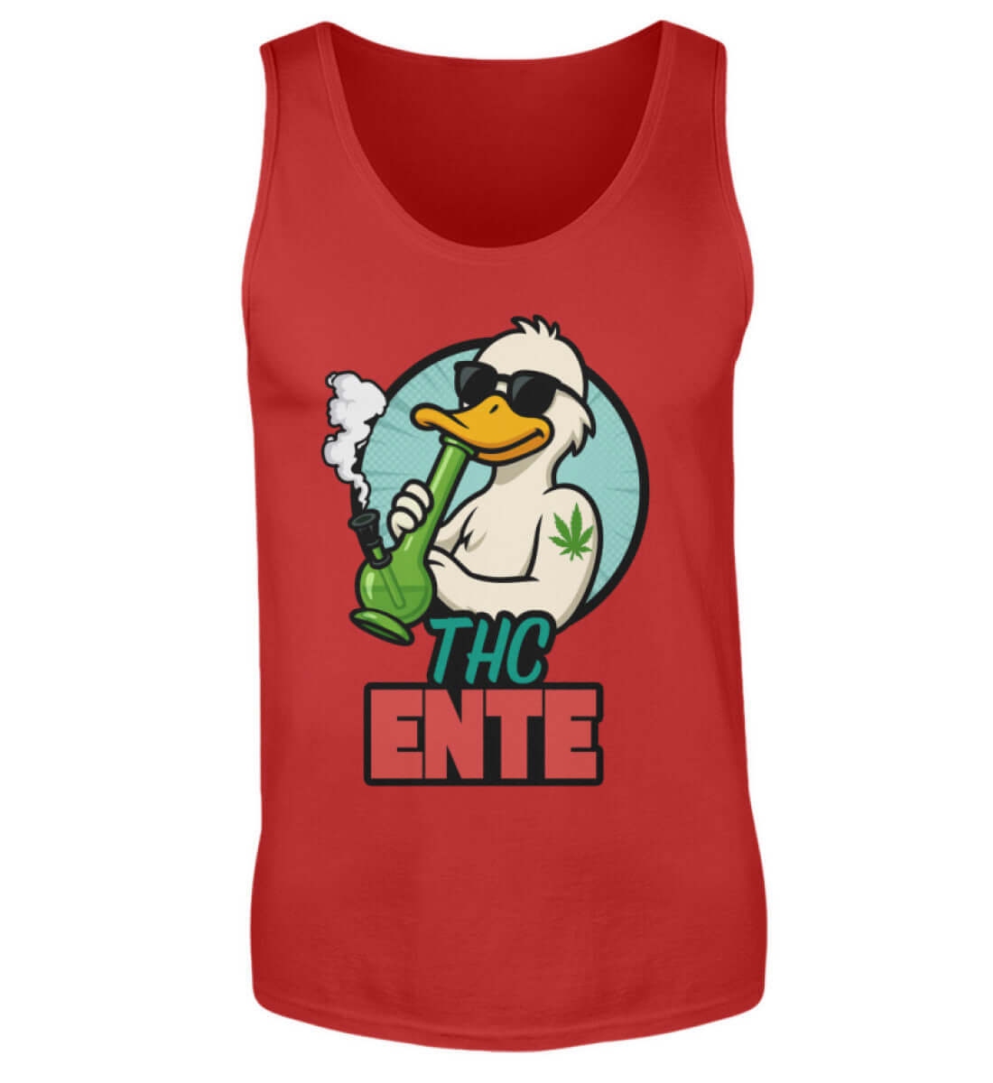 Rotes Funshirt ohne Ärmel mit entspanntem Hanf-Entenmotiv