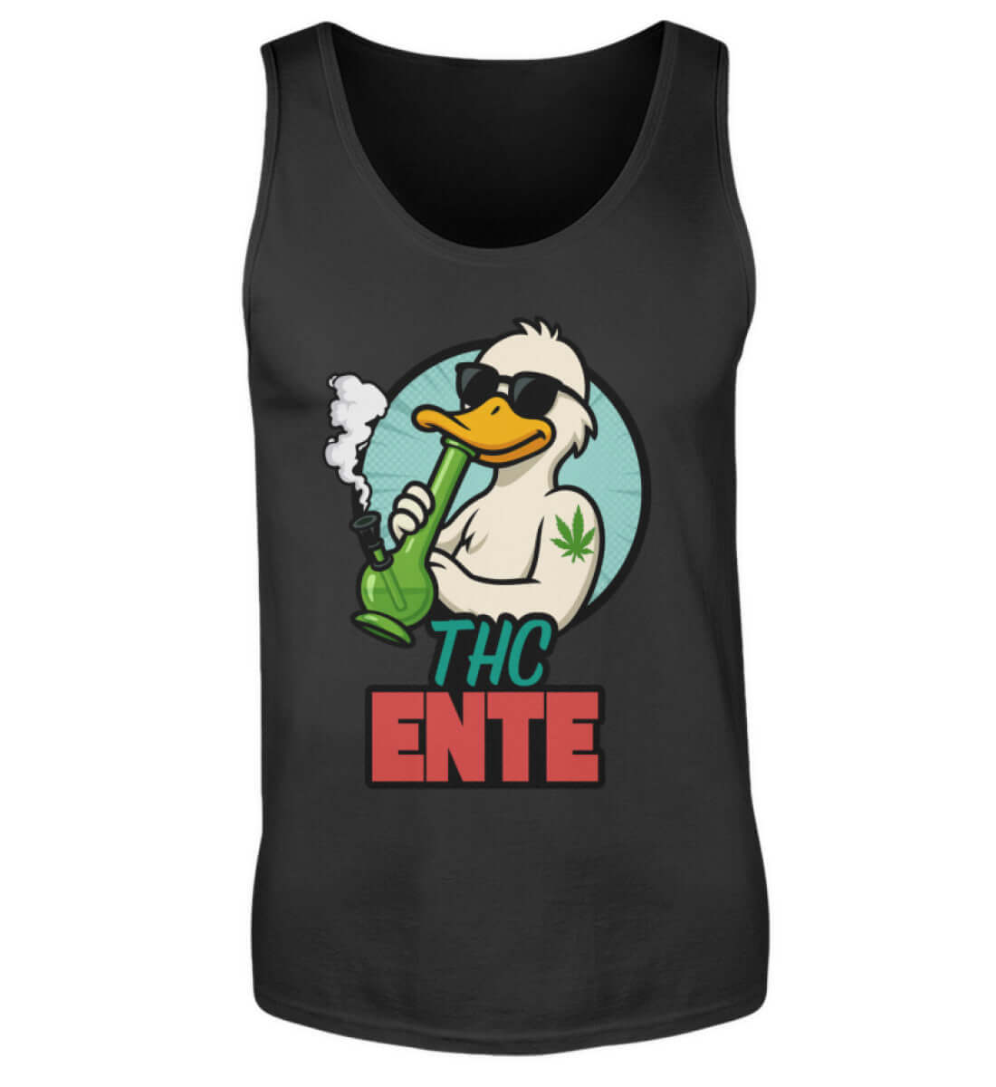 Schwarzes ärmelloses Shirt mit chilliger Ente und Joint