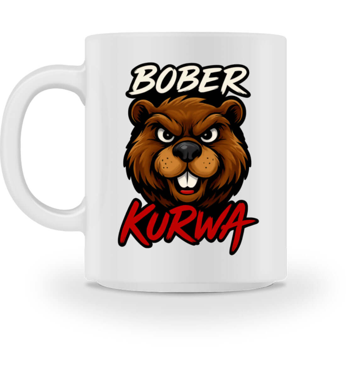 Weiße Kaffeetasse mit frechem Biber und dem Schriftzug Bober Kurwa