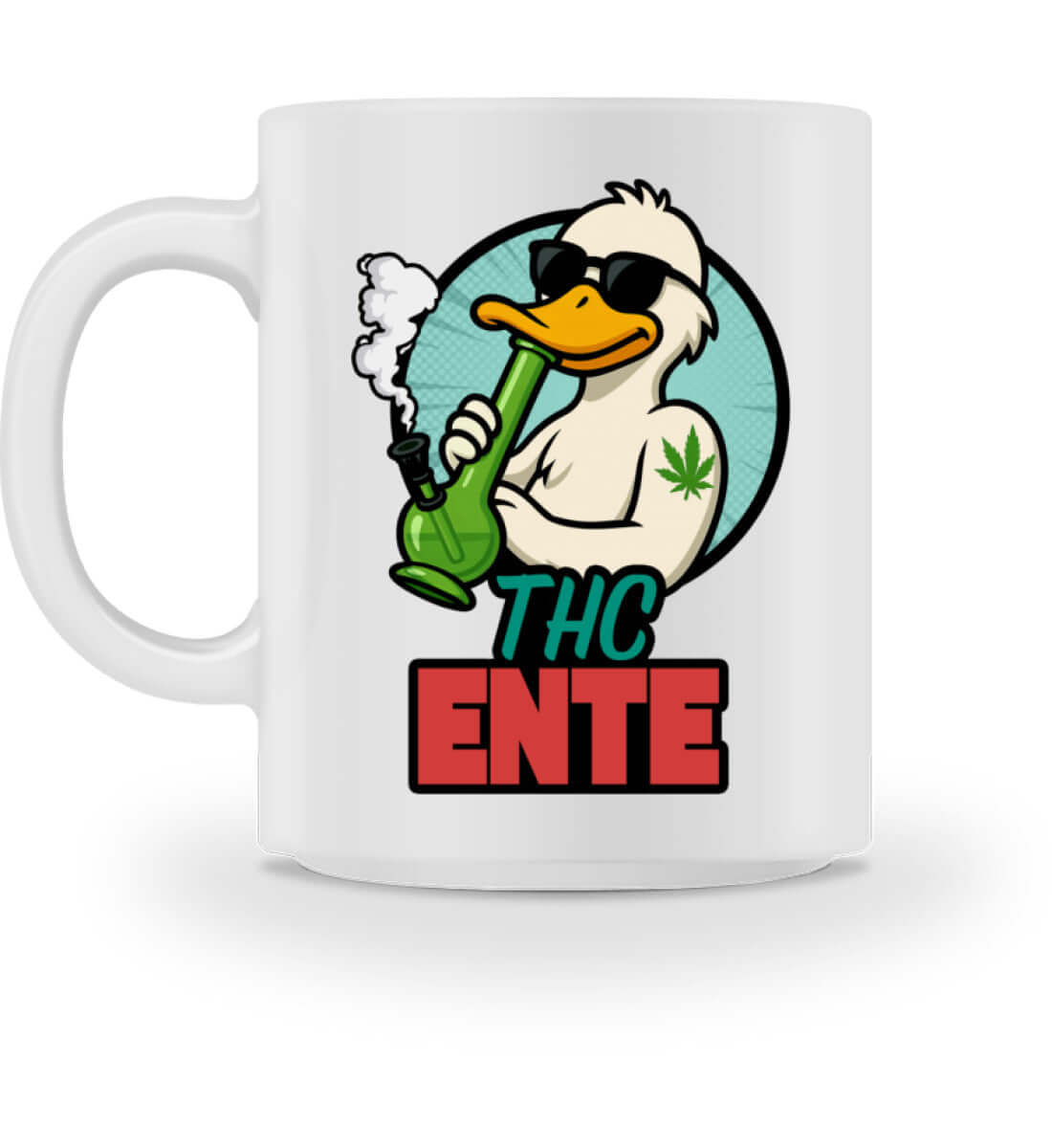 Weiße Tasse mit chillender THC Ente und grün-rotem Schriftzug