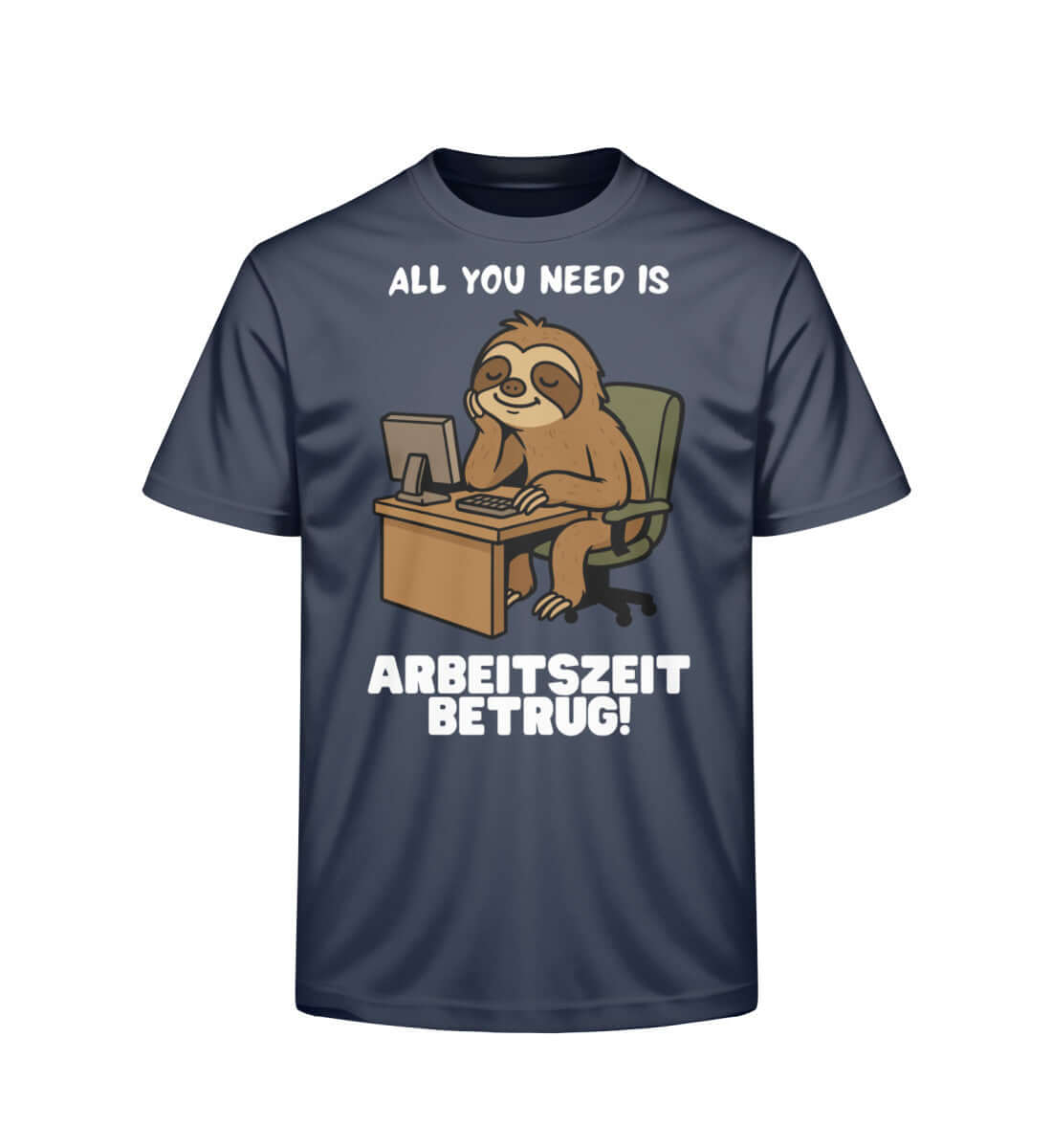 Denimblaues Shirt mit lustiger Arbeitszeitbetrug-Grafik und Spruch