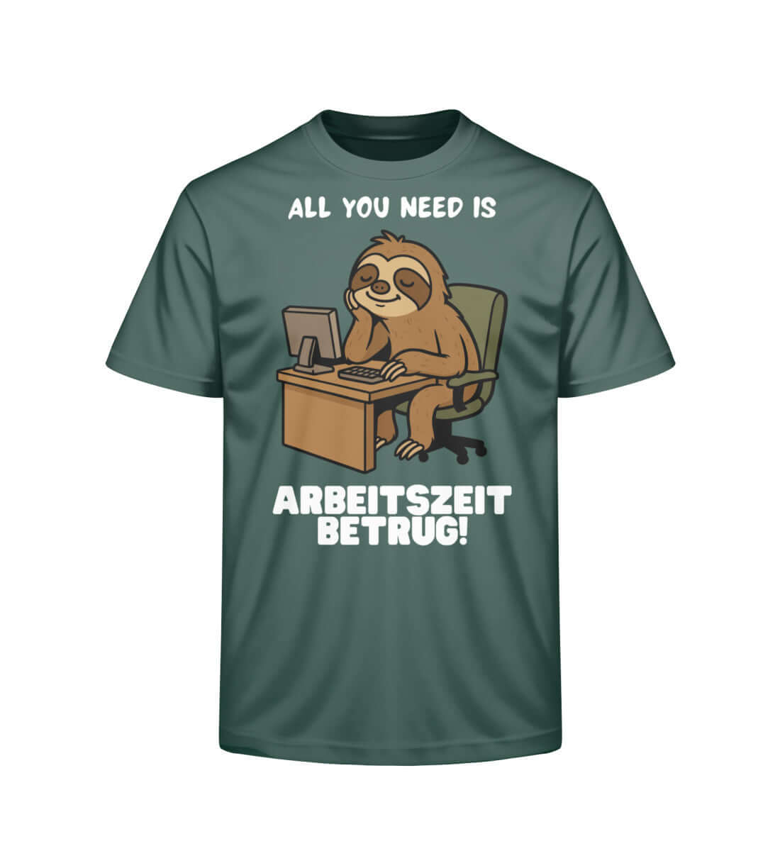 Dunkelgrünes Shirt mit humorvollem Bürodesign für Arbeitsskeptiker