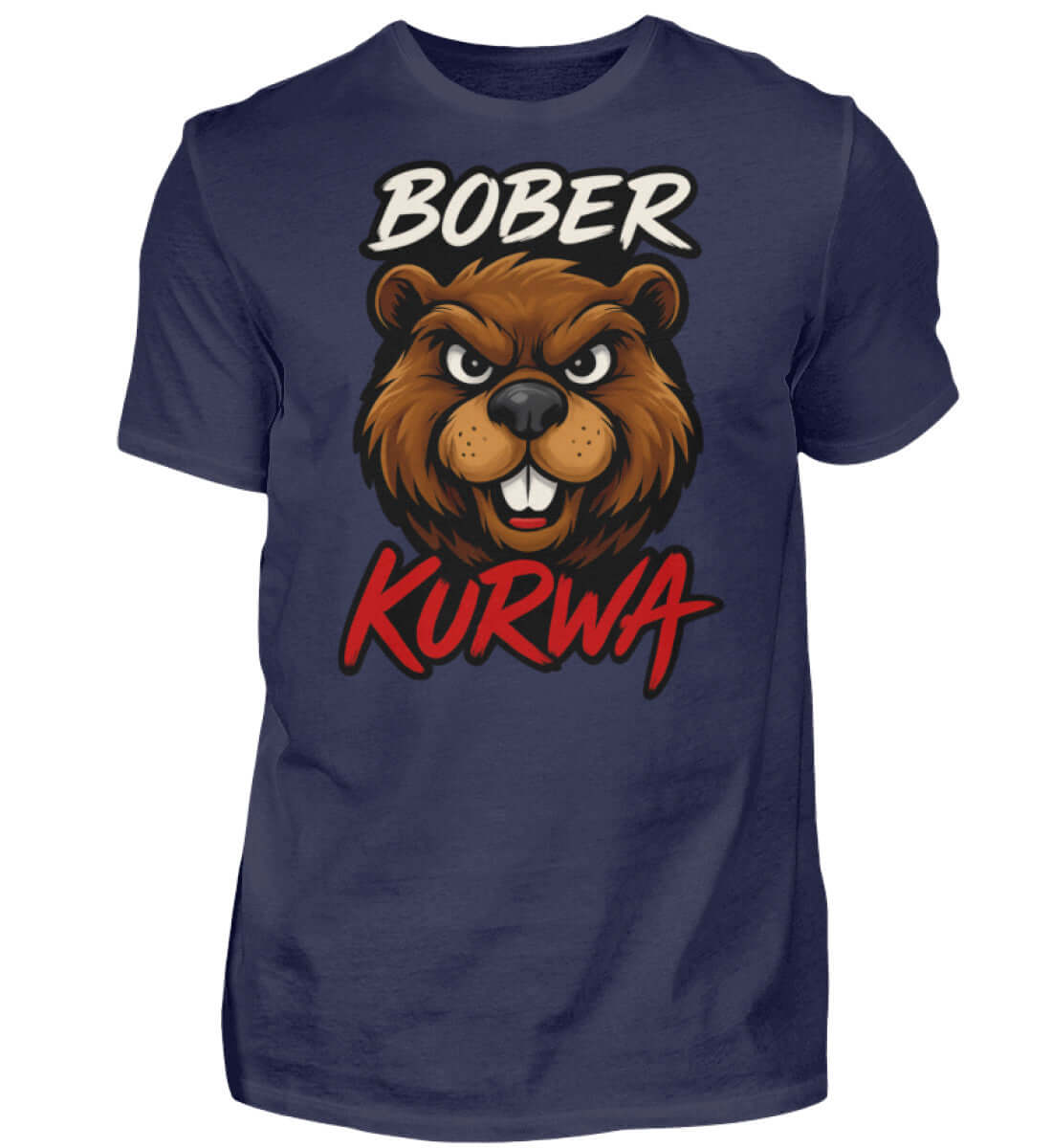 Bober Kurwa Tee featuring a fierce bear graphic on a navy blue 185g premium cotton shirt.