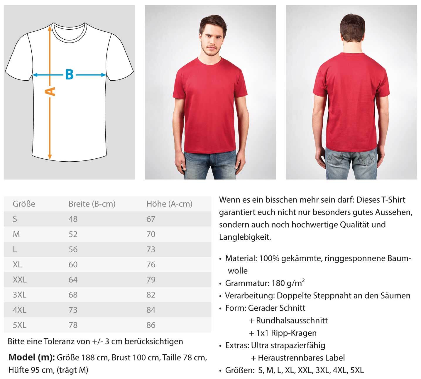 Bober Kurwa Tee size chart for men showing dimensions and details about fabric and quality, 185g premium cotton t-shirt.