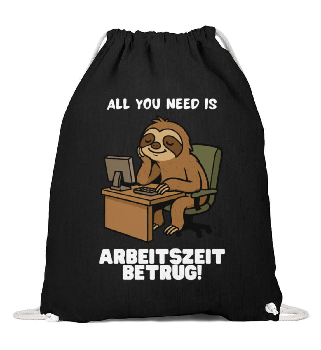 Schwarzer Turnbeutel mit Büro-Faultier und Arbeitszeitbetrug-Spruch