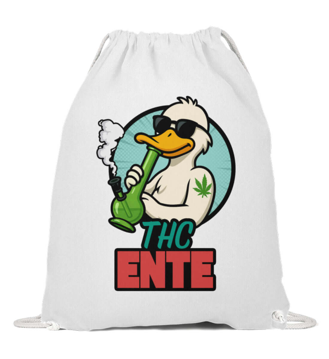 Weißer Turnbeutel mit kiffender Comic-Ente und grün-rotem THC Ente Schriftzug