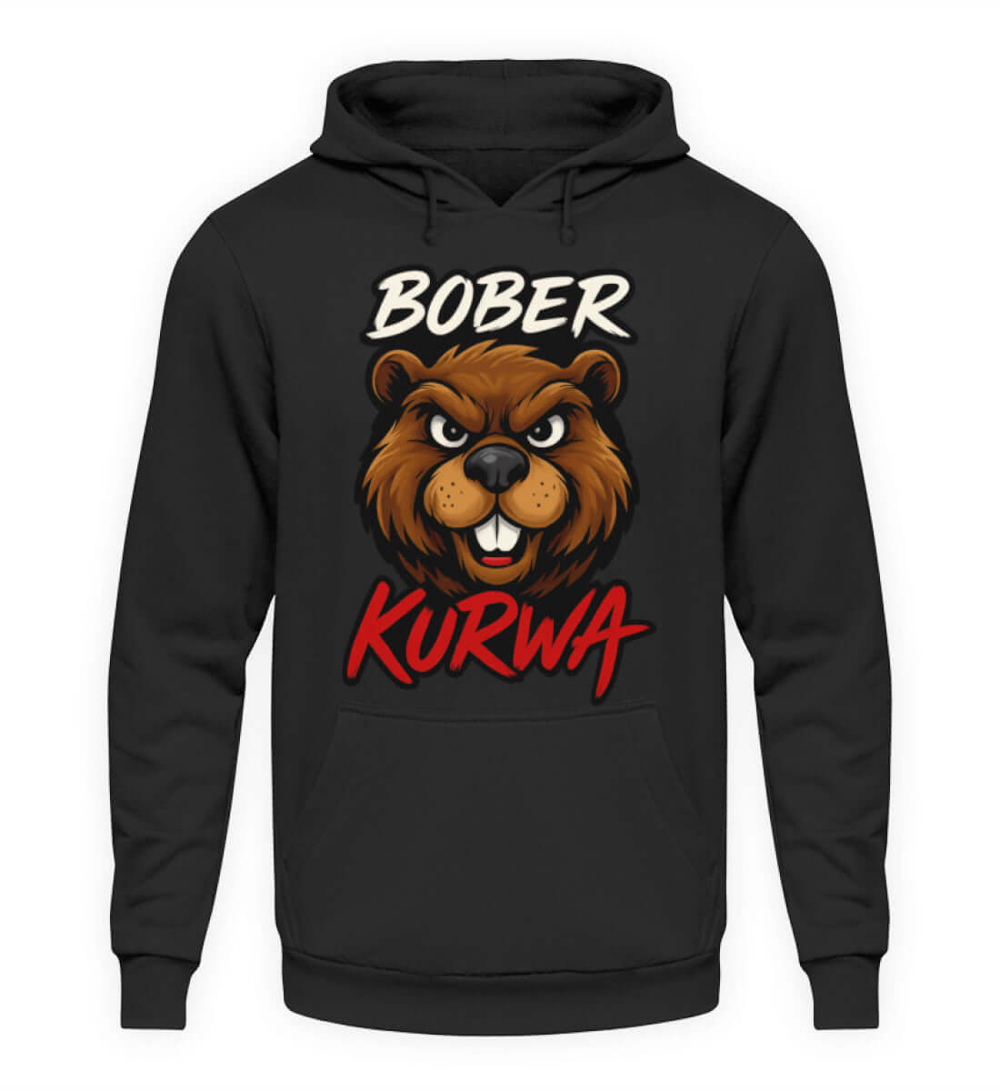 Schwarzer Unisex Hoodie mit aggressivem Biber und Bober Kurwa Aufdruck