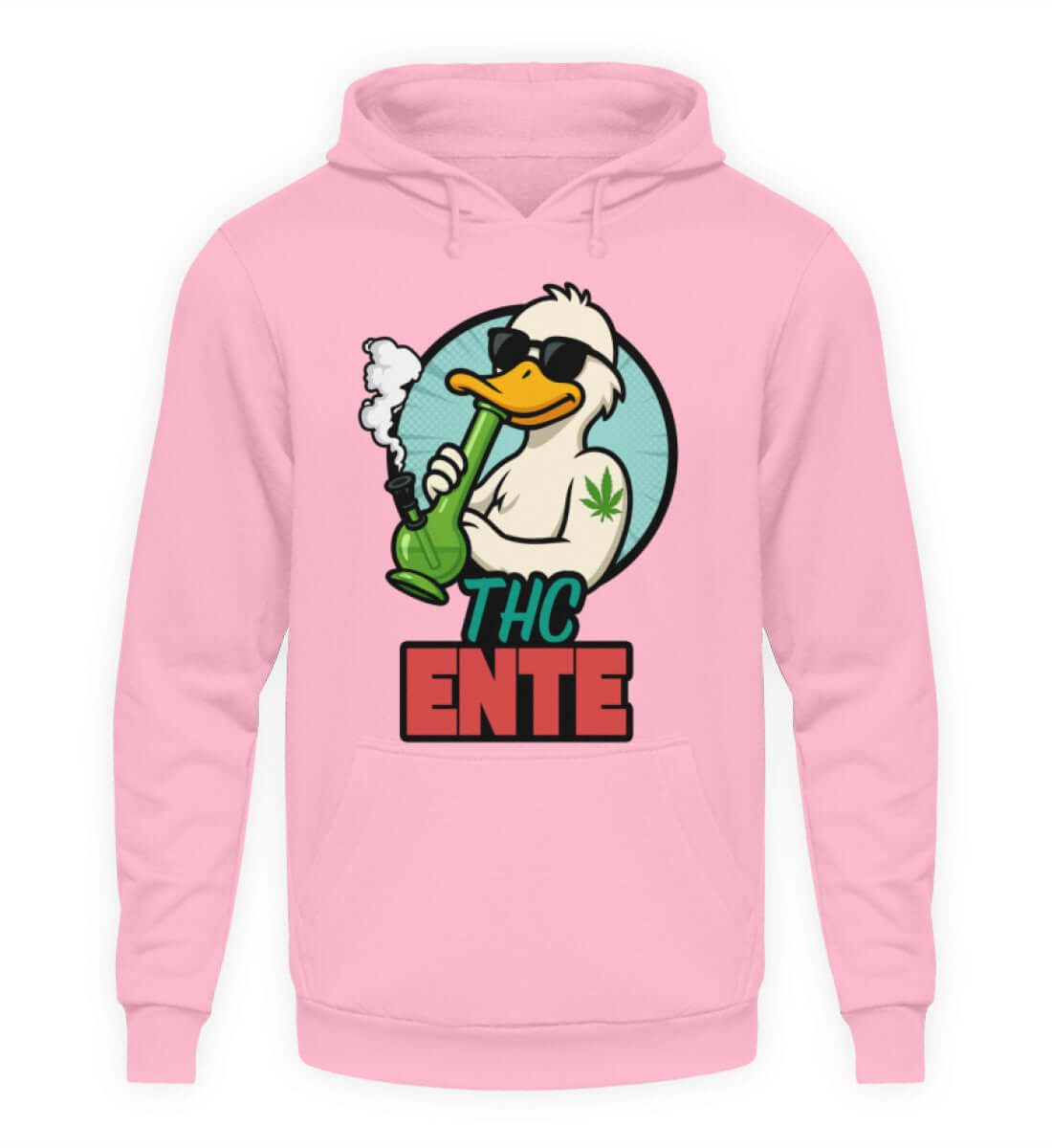 Rosa Hoodie mit bekiffter Ente und Satire-Motiv