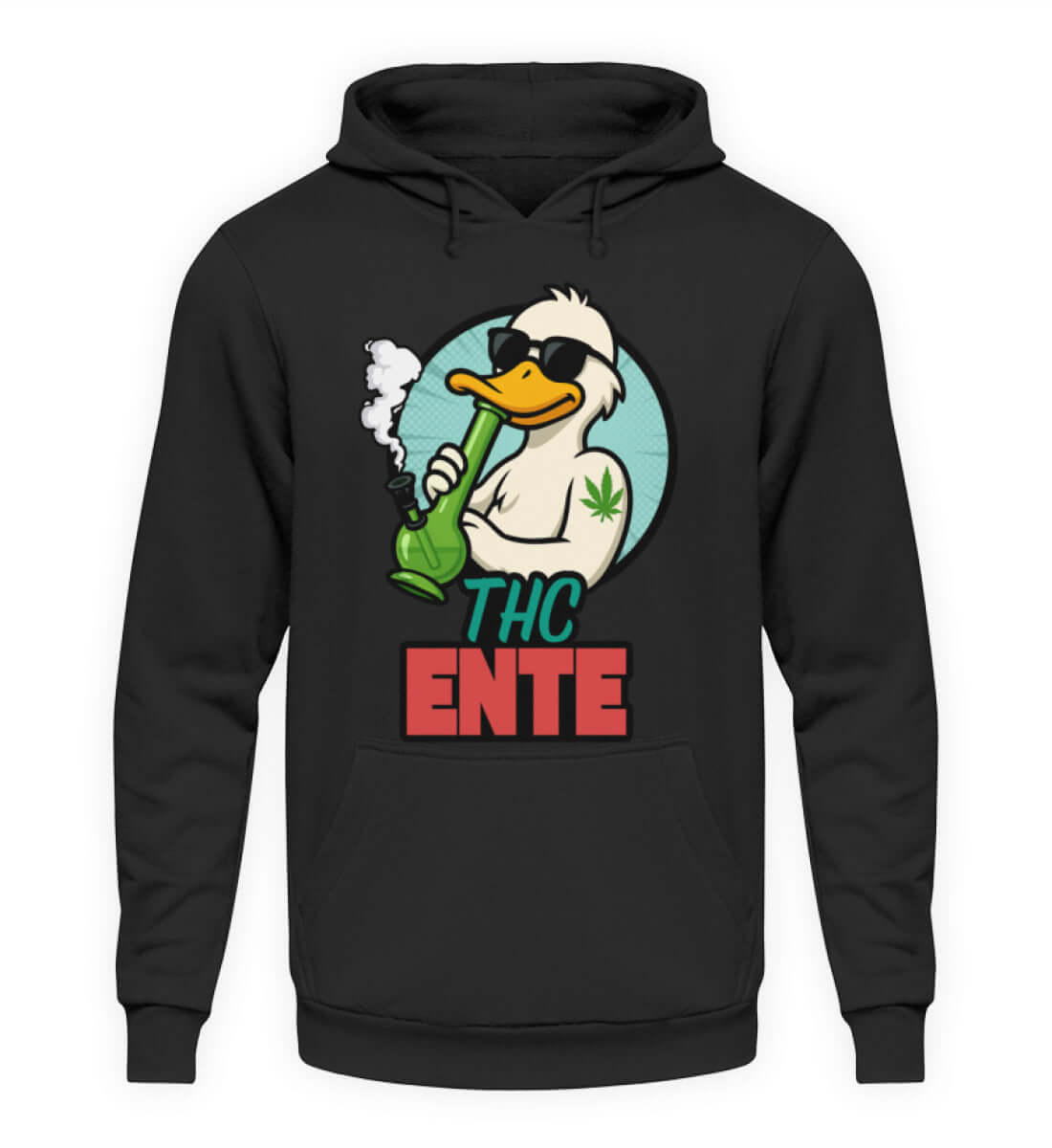 Schwarzer Unisex Hoodie mit THC Ente Comicmotiv und grün-rotem Schriftzug