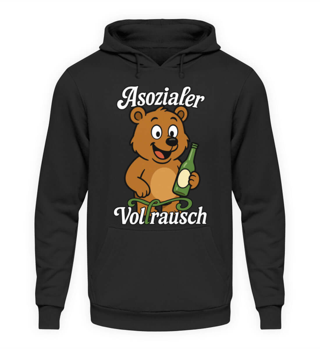 Schwarzer Herren Hoody mit frechem Cartoon-Bären und Schriftzug "Asozialer Vollrausch" - ideal für Partys.