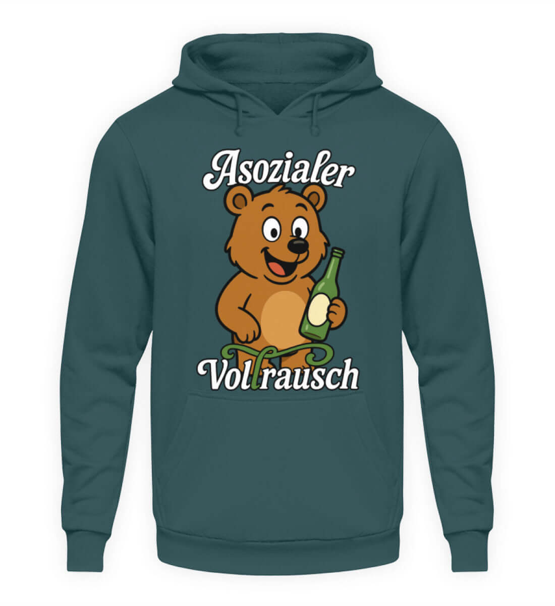 Teal Herren Hoody mit Cartoon-Bär und Schriftzug "Asozialer Vollrausch" für Partyfreunde.