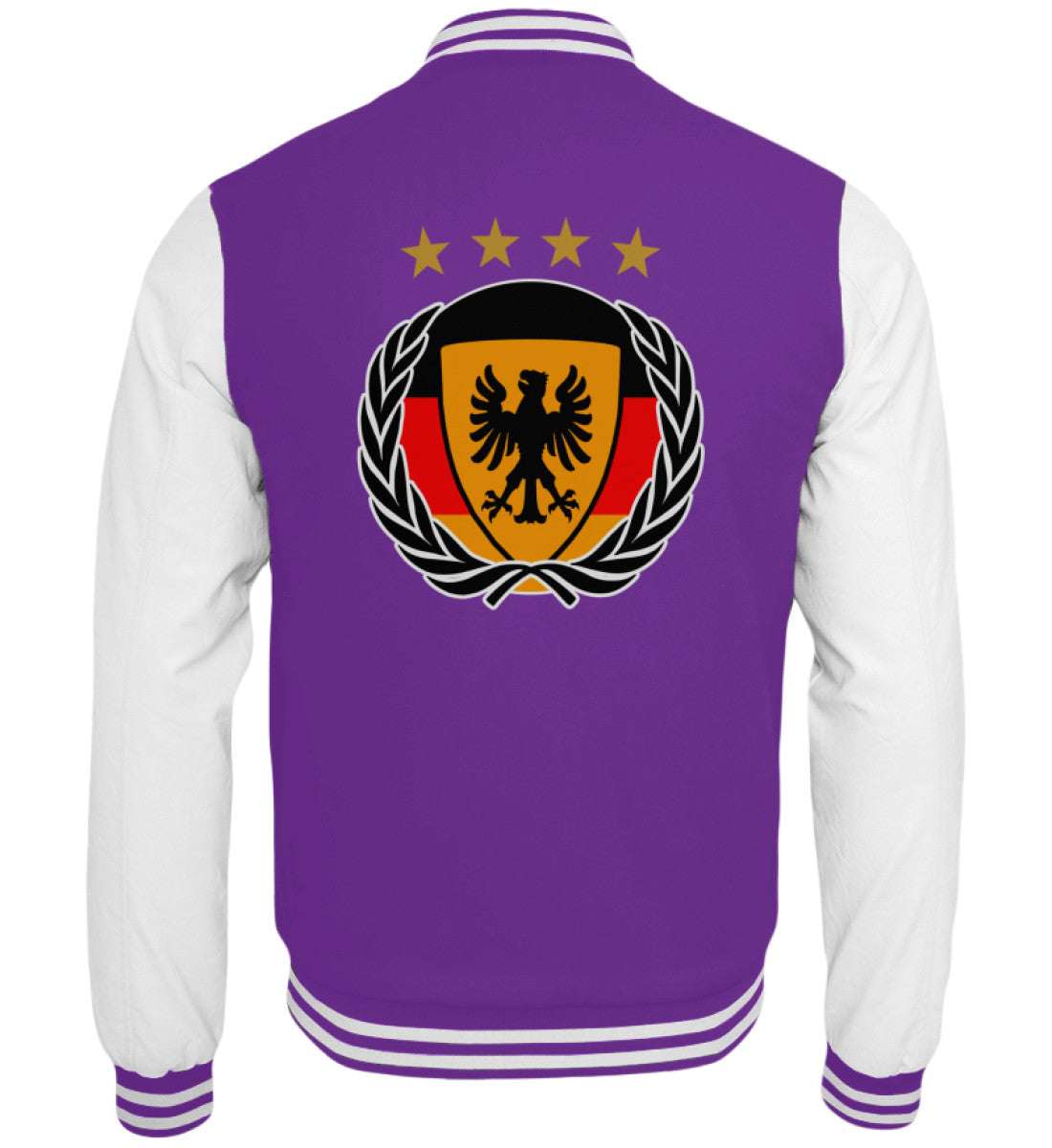 Lila Collegejacke mit deutschem Adler-Wappen und Lorbeerkranz im Fußballstil