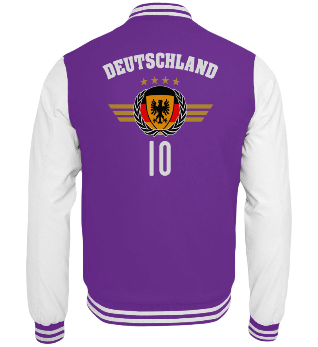 Lila Collegejacke mit großem Fußball-Wappen und der Nummer 10 im Nationalstil