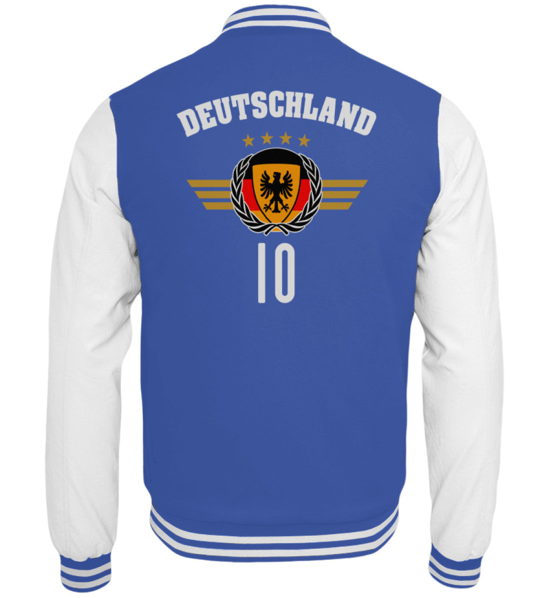 Royalblaue Collegejacke mit Deutschland-Design und gold-rotem Adleremblem