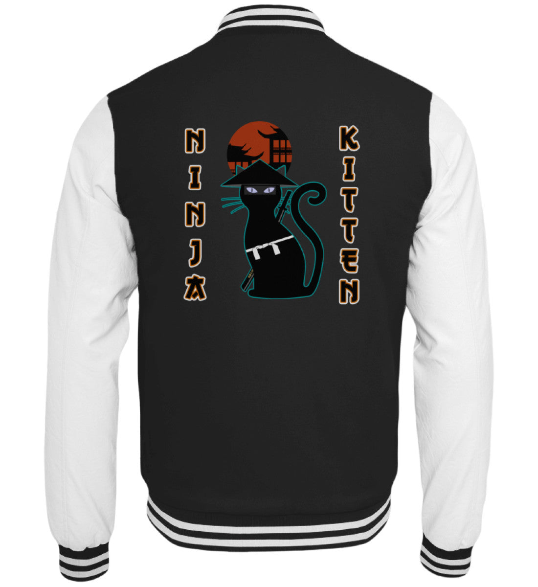 Schwarze Collegejacke mit kämpfender Comic-Katze und stylischem Ehren Kitten Design