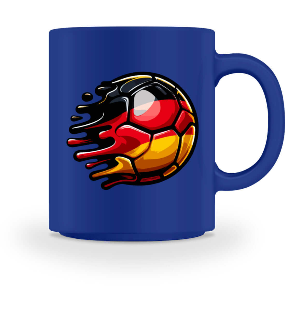 Kaffeetasse in Blau mit dynamischem Fußball-Design in den Farben der Deutschland-Flagge für Fußball-Fans.